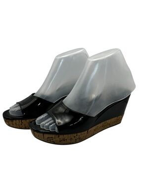 Prada Cork Wedge Slide Sandals Black Patent Leather Platform Mule EU 35.5 US 5.5